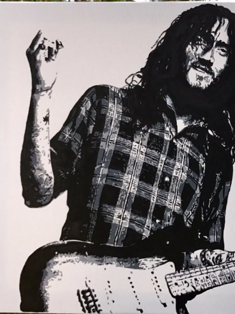 Black and white acrylic painting of a long-haired guitarist in a checked shirt