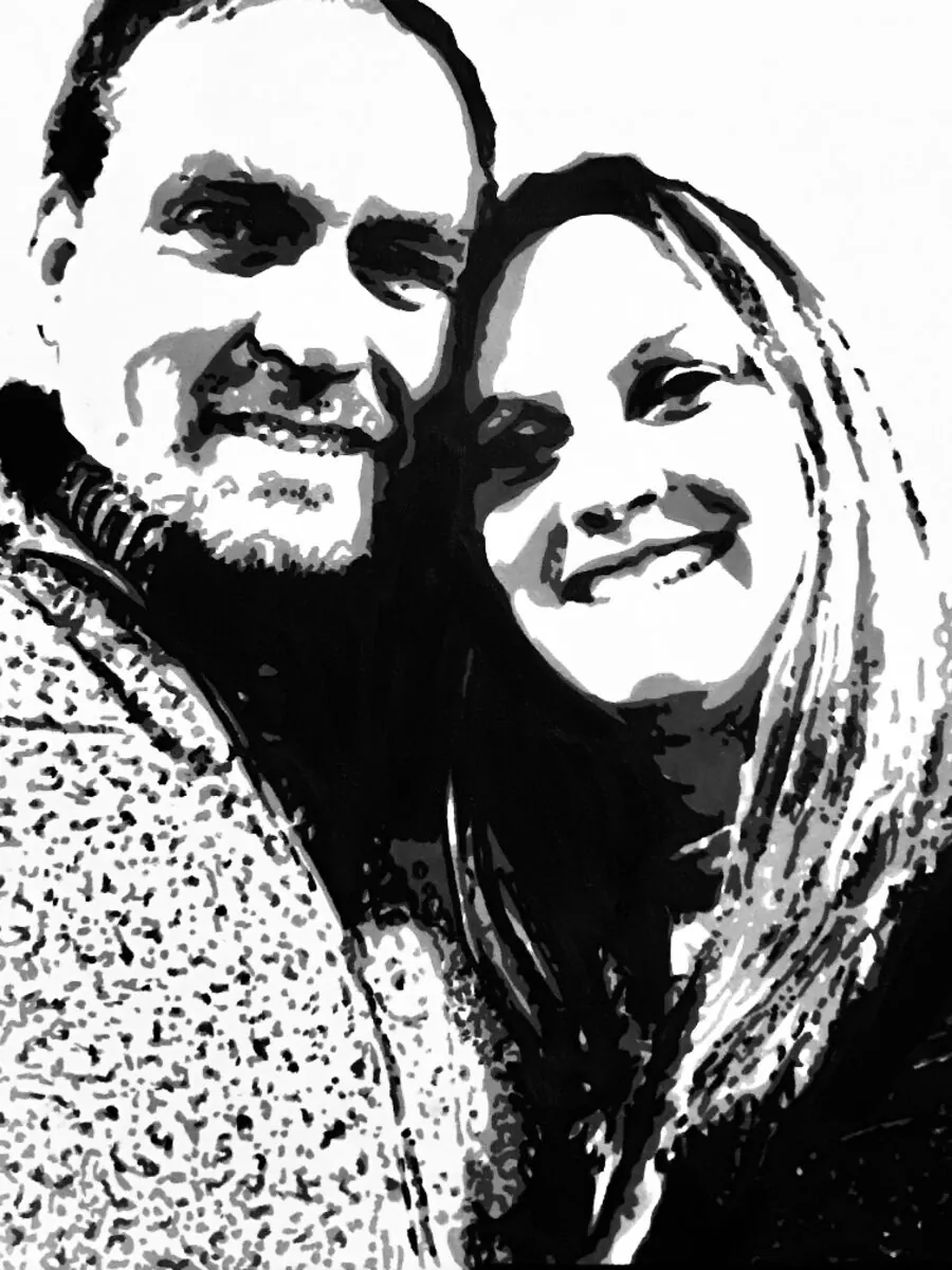 Black and white acrylic portrait of a smiling couple, heads together