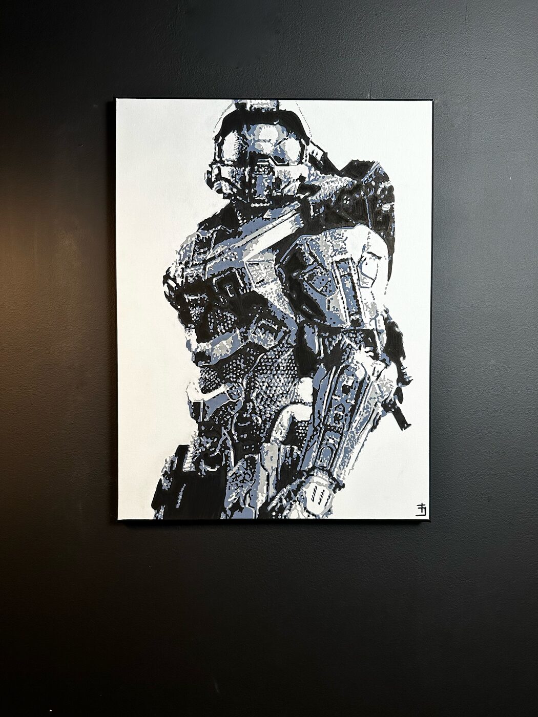 Hand-painted Halo Spartan portrait, acrylic on canvas