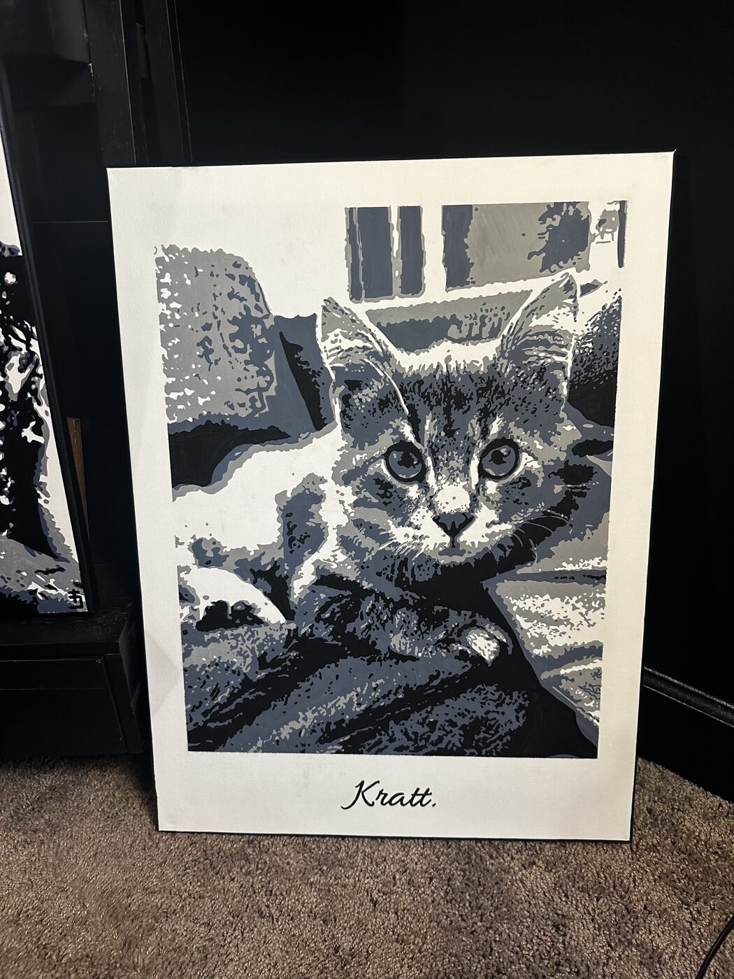 Hand-painted pet portrait of a cat named Kratt, acrylic on canvas