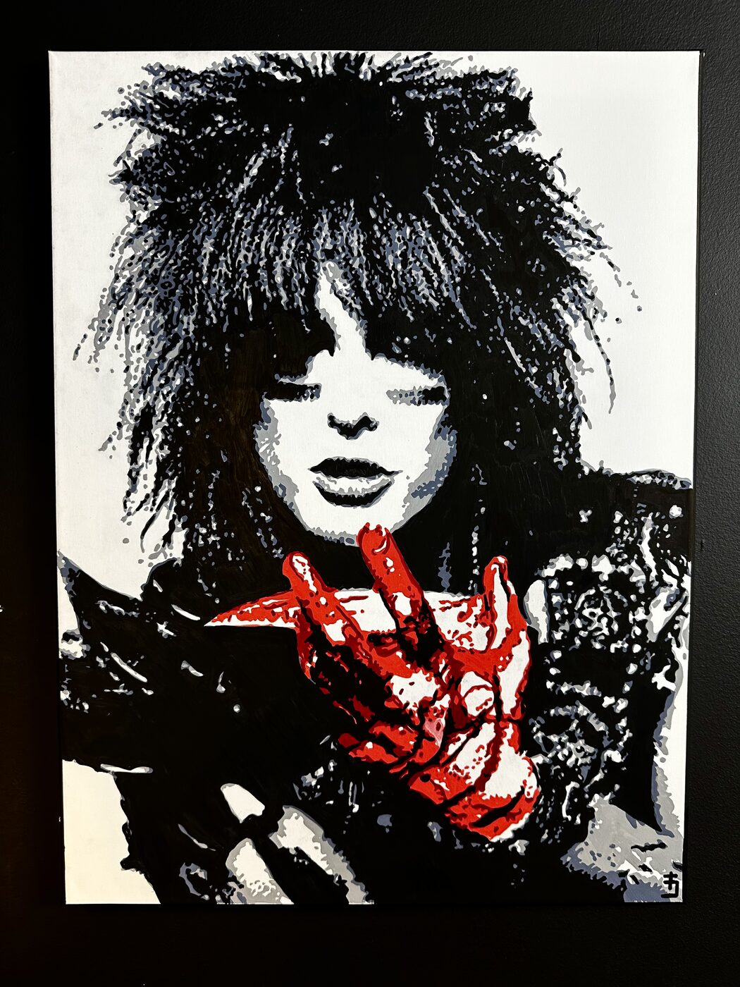 Hand-painted portrait of Nikki Sixx, acrylic on canvas with red accent